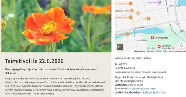 Heips kaikki Vakka-Suomen puutarhaharrastajat! Olettehan huomanneet, että nyt lauantaina 22.8. klo 10-16 on Uudessakaupungissa uusi täysin avoin ja pääsymaksuton Taimitivoli-tapahtuma?Me olemme menossa mukana loppukesän pienehkön valikoiman kanssa. Mikäli haluat juuri jonkun tietyn pionin äskettäin julkaistusta syystaimien valikoimastamme ostaa, voit tehdä toimituskuluttuman tilauksen verkkokaupassamme pioni.fi ja valita toimitukseksi Taimitivolin.Leijonapuisto, Sorvakon rantatie, Uusikaupunki
Nährä Ugis!Lisätiedot:
https://visituusikaupunki.fi/fi/nae-ja-koe/taimitivoli-la-2282026