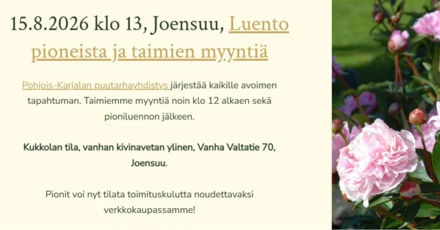 Elokuun pionitapahtumiamme. Syksyn loistava istutusaika lähenee!Vaikka tällä viikolla puutarhallamme lomaillaan, on nyt varmistunut uudet loppukesän tapahtumat Joensuussa, Jyväskylässä ja Uudessakaupungissa.Joensuu:
15.8.2026 klo 13, Joensuu, Luento pioneista ja taimien myyntiä
Pohjois-Karjalan puutarhayhdistys järjestää kaikille avoimen tapahtuman. Taimiemme myyntiä noin klo 12 alkaen sekä pioniluennon jälkeen.Kukkolan tila, vanhan kivinavetan ylinen, Vanha Valtatie 70, Joensuu.Pionit voi nyt tilata toimituskulutta noudettavaksi verkkokaupassamme!Jyväskylä:
16.8.2026, Jyväskylä, Pionipäivä Viherlandiassa
Olemme paikalla kello 13-16, pioniluento kello 14-15.Tuomme mukanamme kattavan valikoiman pioneja, esimerkiksi paljon erilaisia Itoh-hybridejä.Uusikaupunki:
La 22.8. klo 10–16
Leijonapuisto, Sorvakon rantatie, UusikaupunkiUudenkaupungin Martat yhteistyöskumppaneineen järjestää uuden tapahtuman Leijonapuistossa. Luvassa on kukkatutinaa, sillä tapahtuma kokoaa yhteen kasvien myyjät, tuottajat ja mummomyyjät ja tarjoaa tekemistä, katseltavaa ja löydettävää kaikille kasvien ystäville läheltä ja kauempaa.#pionienkoti